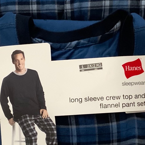 Hanes Mens PJ Set - LS Crew Top and Flannel Pants, Mens 2X, Blue Plaid - Picture 2 of 5
